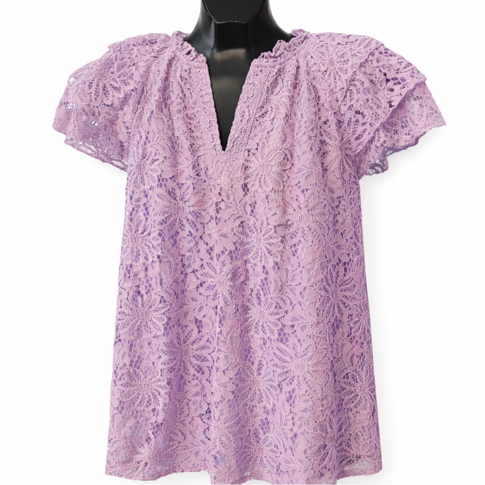 Nanette Lepore Lavender Lace Blouse Small | Short Sleeve V-Neck Romantic Top